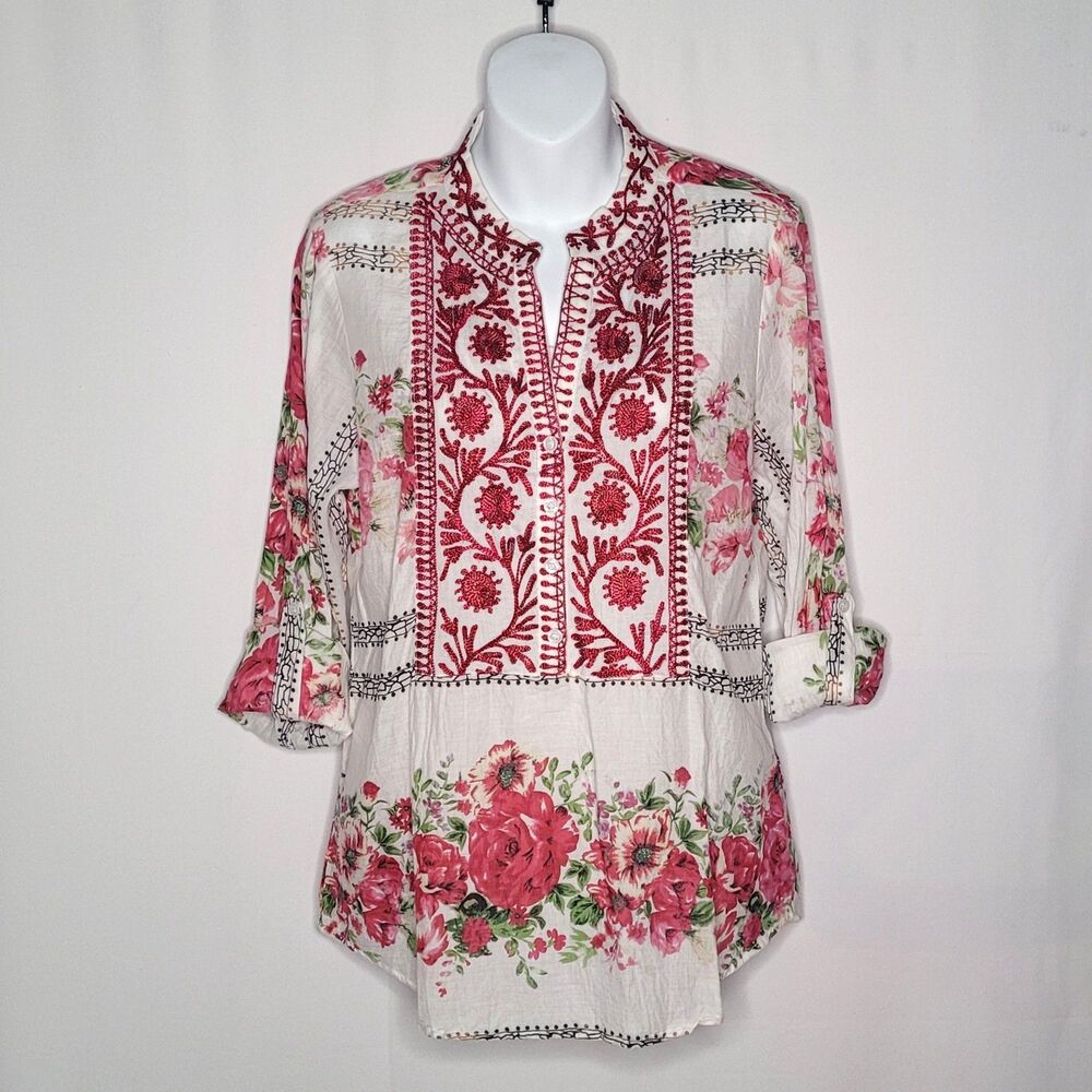 Vintage Goa Embroidered Floral Cotton Boho Tunic Blouse M NWT